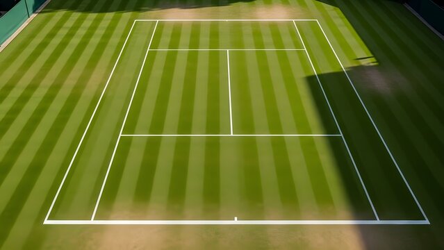 Overhead view of a pristine green grass tennis court on a sunny day with clear white lines for professional sports competition and outdoor recreation activities
