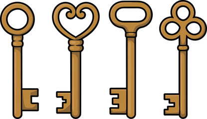 Vintage key illustration set, antique skeleton keys, heart key designs, old-fashioned brass keys, decorative key clipart, retro key icons