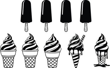 Set of black silhouette popsicles and soft serve ice cream cones with dripping swirl and striped patterns, isolated collection of frozen summer dessert food vector illustrations.