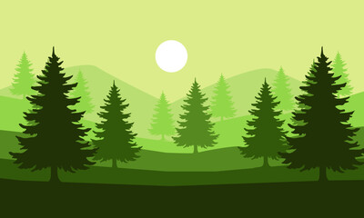 A serene nature scene with pine trees, mountains, and a sun in shades of green. The image captures a peaceful and minimalist design
