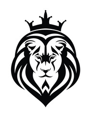majestic king lion with beautiful mane wearing royal crown black and white vector outline head portrait