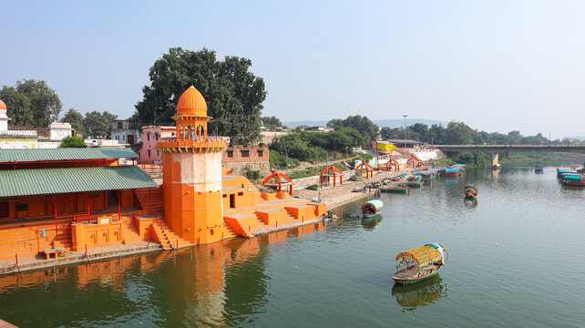 View of Ramghat on Mandakini River of Chitrakoot, Satna, Madhya Pradesh, India.