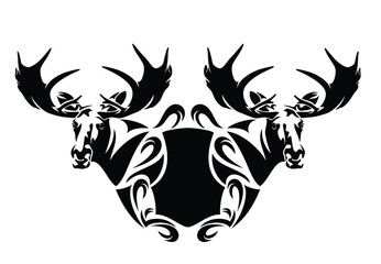 blank heraldic shield with two wild moose heads with large antlers - medieval style coat of arms black and white vector design