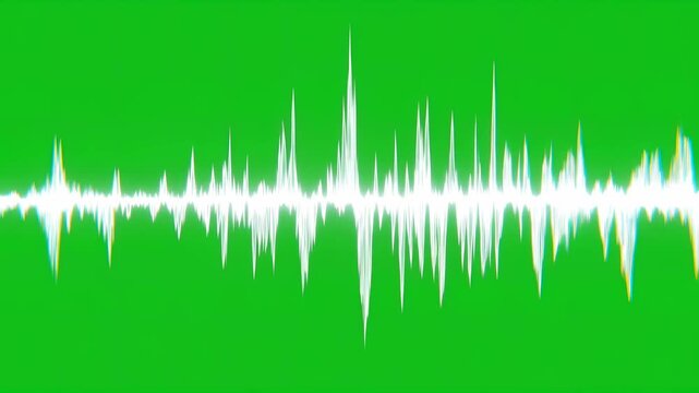 Set of three stylized white sound waves with glitch effect on a green screen. Audio waveform visualization for chromakey.