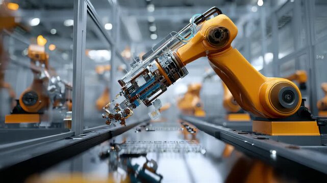 Orange Robotic arm manufacturing Electric vehicle battery at a giga factory
