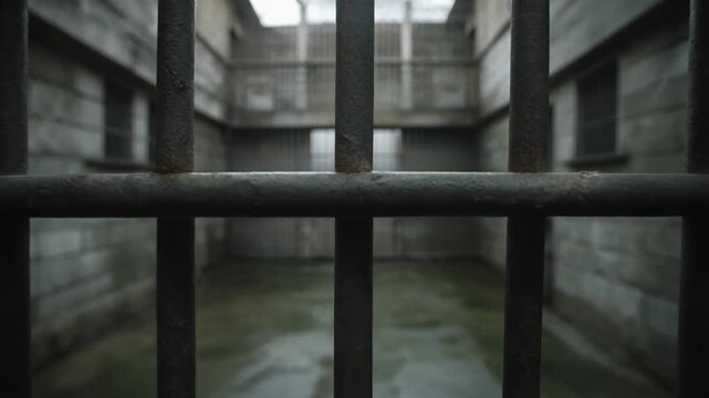 The stark reality of incarceration captured through the cold, weathered bars of a desolate and empty prison cell, evoking isolation and despair