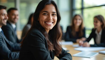 Young Indian businesswoman smiles at camera in office. Attends successful business meeting with diverse team members. Everyone looks happy, engaged in corporate discussion. Feels confident,