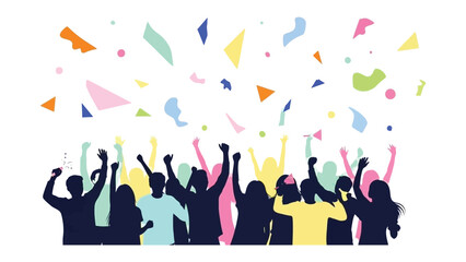 Celebration in Silhouette: A joyful crowd with raised arms celebrates amongst a shower of colorful confetti, expressing jubilance and unity. 