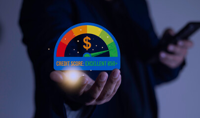 Businessman showing excellent credit score. Concept of credit score, loan approval and mobile banking technology. Credit, financial stability, worthwhile investment, low risk.