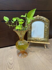 Neon Pothos Plant in Amber Glass Vase with Ornate Vintage Gold Frame