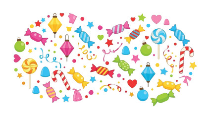Colorful Candy Delights: An array of vibrant candies and festive decorations, arranged playfully, evoking a sense of sweet indulgence and joyous celebration.