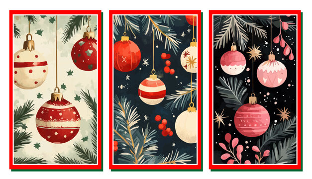 Christmas ornaments illustration with festive baubles, pine branches, holiday decor, winter celebration, seasonal background design for microstock