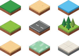 isometric terrain tiles, 3D land blocks, grass sand water tiles, road tile set, nature landscape assets, game map elements