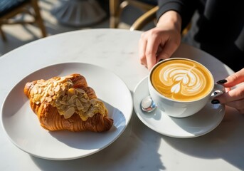 Enjoying a flaky almond croissant and a beautifully crafted latte at a sunlit cafe table