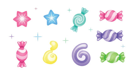 Sweet Symphony: An array of vibrant candies and star-shaped sweets, arranged to evoke pure delight and happiness. Each piece shines with tempting allure.