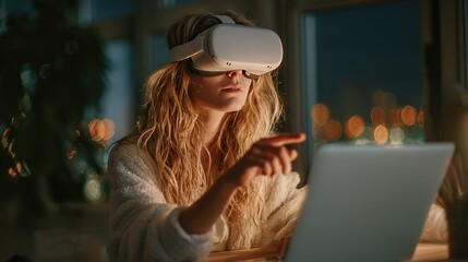 Business Woman Wearing VR Headset in Office, Pointing at Laptop Screen with Evening Light, Technology and Remote Work Concept