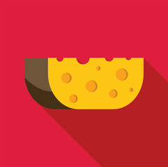 Wedge of swiss cheese casting long shadow on red background, representing dairy products, snacks, and culinary ingredients
