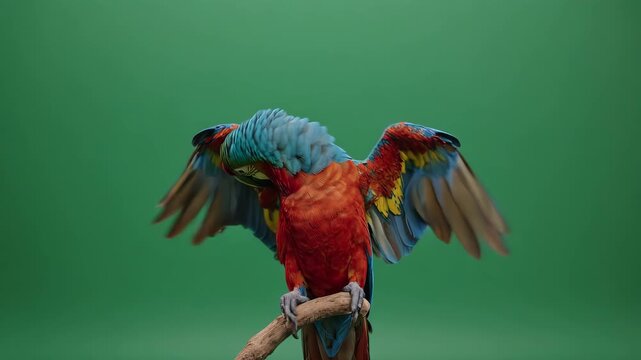 Colorful Macaw Parrot Spreading Its Wings on Green Screen.
