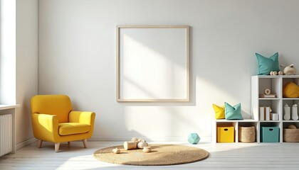 Bright childs room corner features yellow armchair near window, blank picture frame above round rug with wooden toys. Shelving unit stores basket bins, pillows. Clean, minimalist kid space.