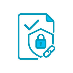 Color vector icon of secure smart contract document with shield and padlock checkmark for FinTech security and blockchain verification