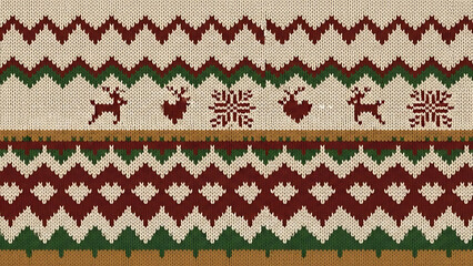 Seamless knitted pattern with festive reindeer and snowflake motifs in traditional Christmas colors.