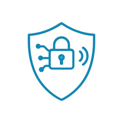 Blue vector icon shield with digital padlock circuit and wireless signal representing FinTech security and smart tech protection