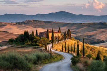 Tranquil Tuscany Landscape: Sunlit Hills, Panoramic Fields, and Distant Hill Town