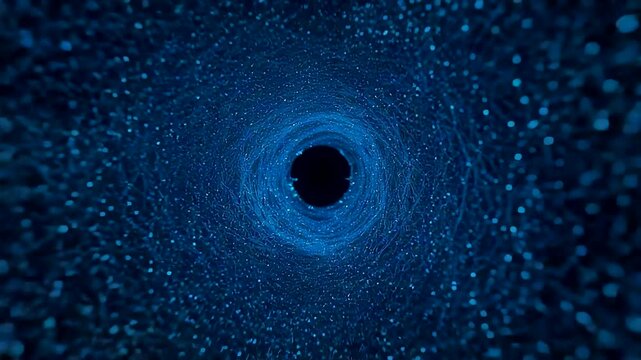Deep blue cosmic particle tunnel spiraling toward a dark central void with immersive depth motion and intense space atmosphere