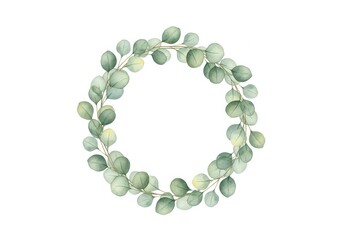 Delicate watercolor eucalyptus wreath with soft green leaves on white background
