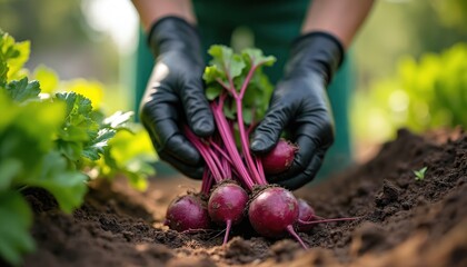 Person in black gloves harvests fresh red beets from rich garden soil. Healthy organic root vegetables grow in ground. Gardener works in nature, gathering wholesome food on sunny day. Sustainable