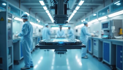 Workers in cleanroom suits operate advanced machinery in high tech factory. Robot arm lowers component onto glowing platform. Clean room environment for chip production.