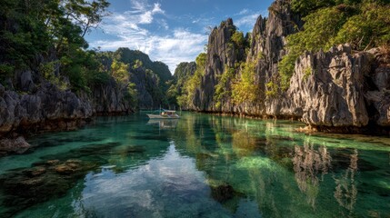 Twin lagoons beside towering limestone cliffs in Palawan, Philippines, turquoise waters and pristine tropical scenery