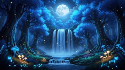 Enchanting mystical forest waterfall under a glowing full moon with bioluminescent mushrooms