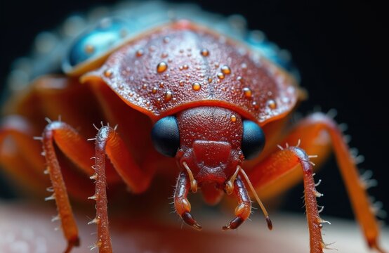 Extreme macro photo of a red cimex insect with blue eyes and spiky legs. This tiny creepy crawly parasite hides in homes and causes itchy bites and infestations.