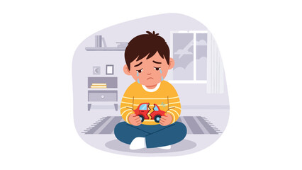 Naklejka premium Modern flat vector illustration of a sad child sitting on the floor with a broken toy, expressing sadness and disappointment in a simple bedroom setting.