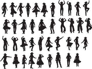 Fototapeta premium Set of cowgirl silhouettes, women in western hats, dancing poses.