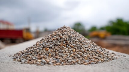 Pile of mixed gravel and small stones on a concrete surface at an industrial construction site