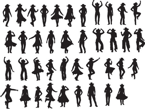Set of cowgirl silhouettes, women in western hats,  dancing poses.
