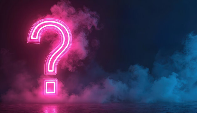 Neon pink question mark symbol glows in dark abstract clouds of pink and blue smoke. Neon sign represents doubt mystery problem query or unknown future. - Powered by Adobe