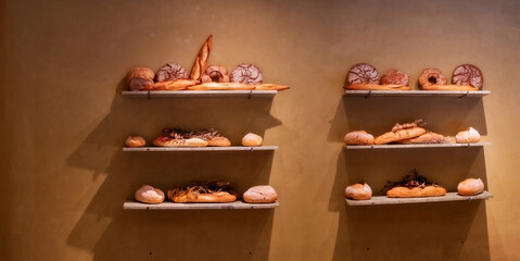 The image displays a stylish, minimalist bakery display featuring various types of artisan bread on three shelves against a warm, textured wal