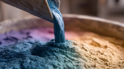 Blue powder cascades into a vibrant multicolored blend of dry granular materials