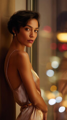 Glamorous Night Portrait of Woman in Shimmering Gold Dress by City Window