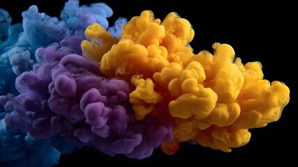 Abstract colorful ink diffusion and swirling smoke clouds in vibrant yellow and purple against a black background