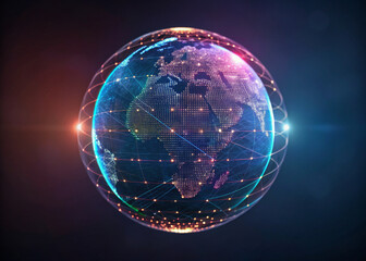Digital globe data network glowing sphere global connection world map Africa Europe cyber grid particle light orbit line. Digital globe data network glowing sphere global connection world map