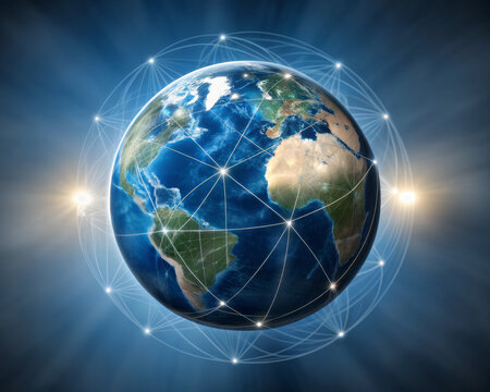 Global network digital earth world map connection data technology communication globe internet cybersecurity pulses unify continents with glowing lines as planetary grid conveys seamless - Powered by Adobe