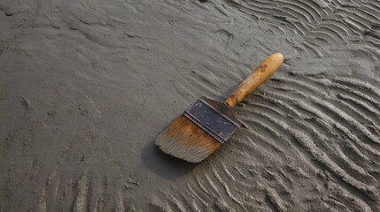 A used paintbrush rests on wet textured concrete with wave like patterns