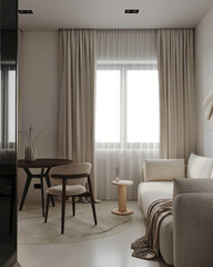 Cozy modern living and dining space with soft curtains, elegant round table, comfortable seating and natural light. Minimalist interior.