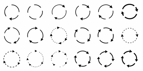 Arrangement of circular arrows with varying styles and dashed outlines
