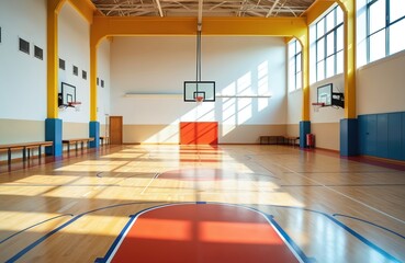 Empty school gymnasium with polished wood floor marked for basketball, sports. Sunlight streams through large windows creating geometric patterns on court. Multiple basketball hoops visible on walls.