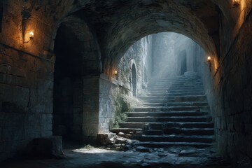 Fototapeta premium Underground passage beneath a medieval fortress with ancient stone stairs leading to a distant exit